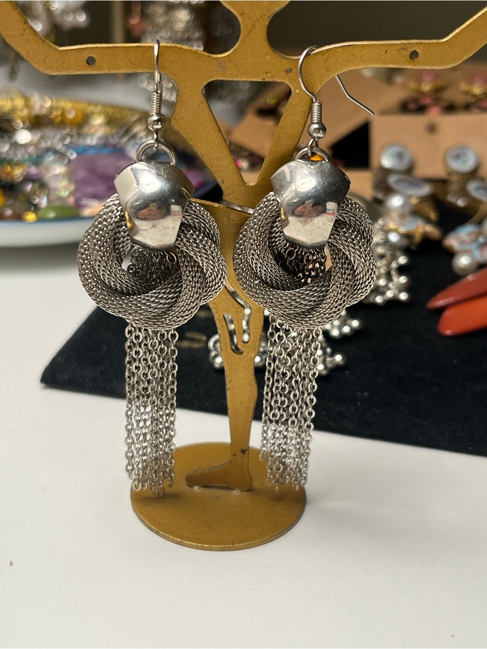 Vintage Disco Era Silver Tone Chain Tassel Earrings